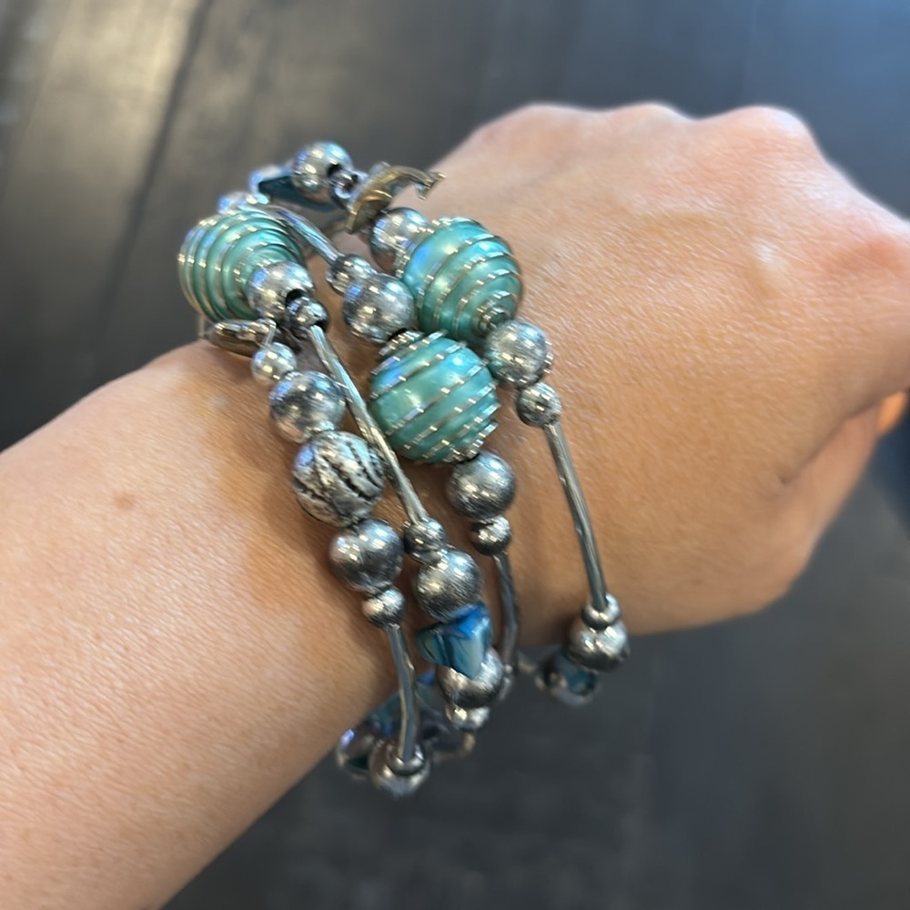 Silver and Turquoise Beaded Wrap One Size Bracelet